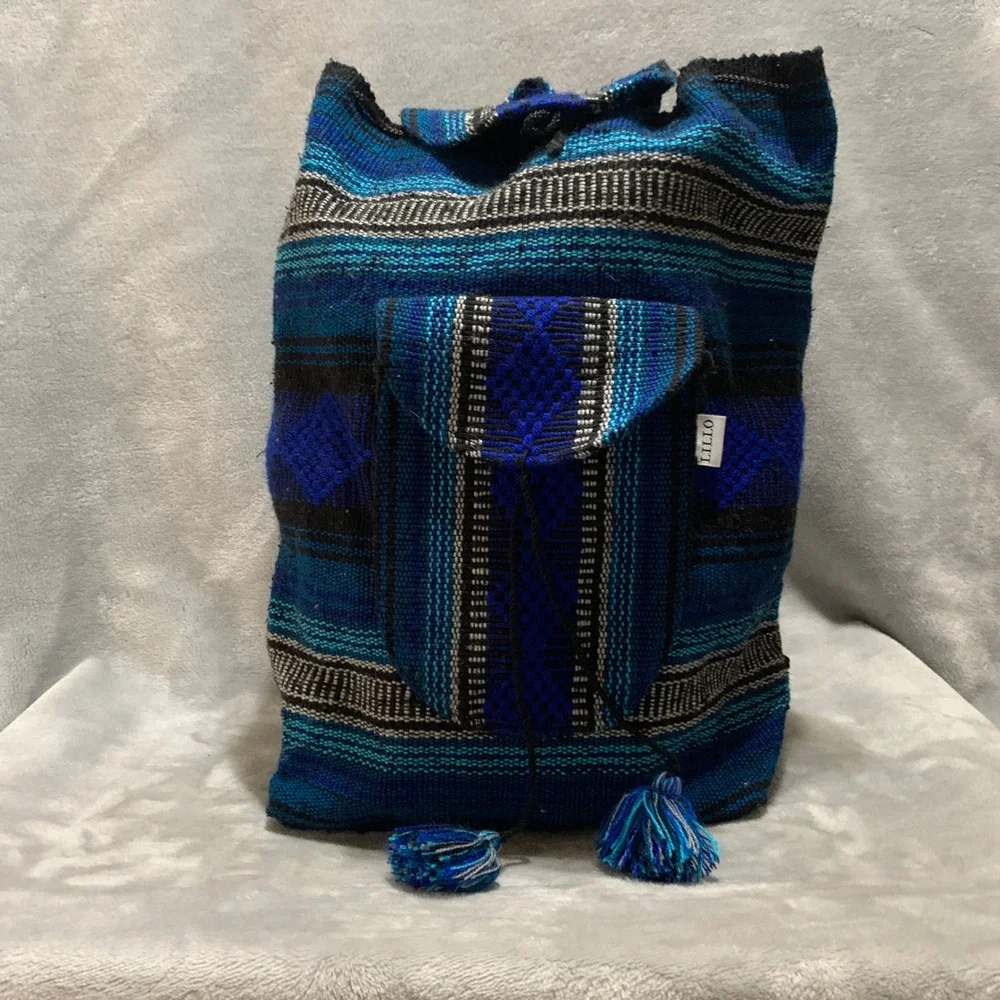 Lillo Woven Drug Rug Backpack Blue Black Striped Boho Drawstring Rucksack‎